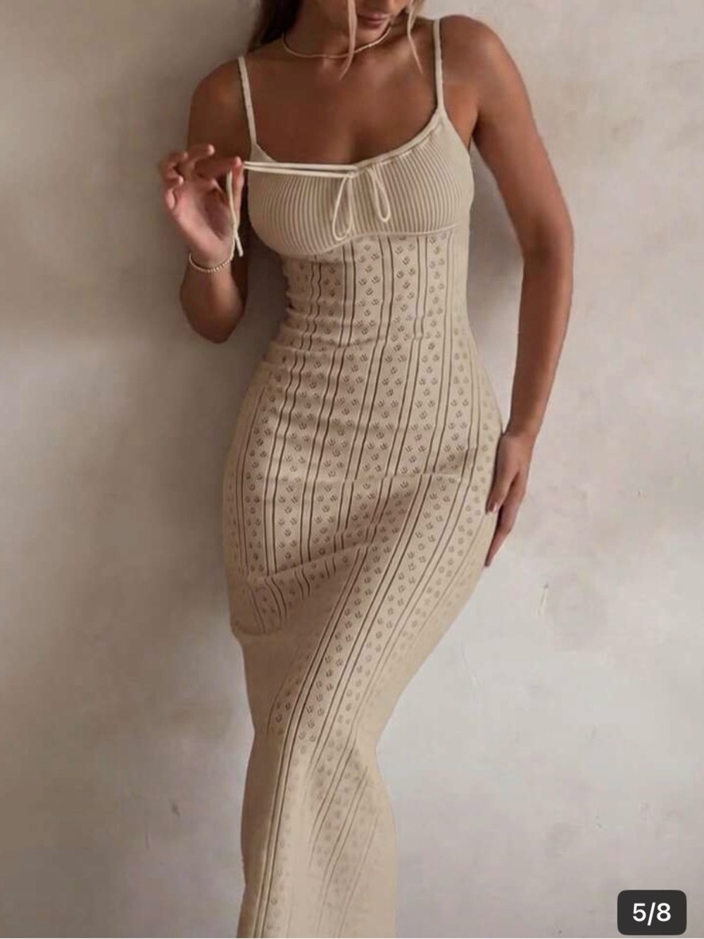 SHEIN Beige Ribbed Tie-Front Maxi Dress